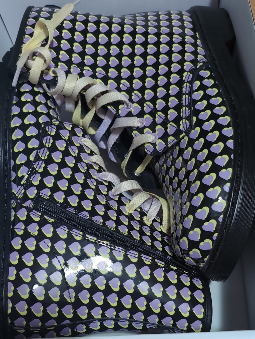 Dr Martens Women’s Heart-Print Lace-Up Boots in Black, Purple & Yellow